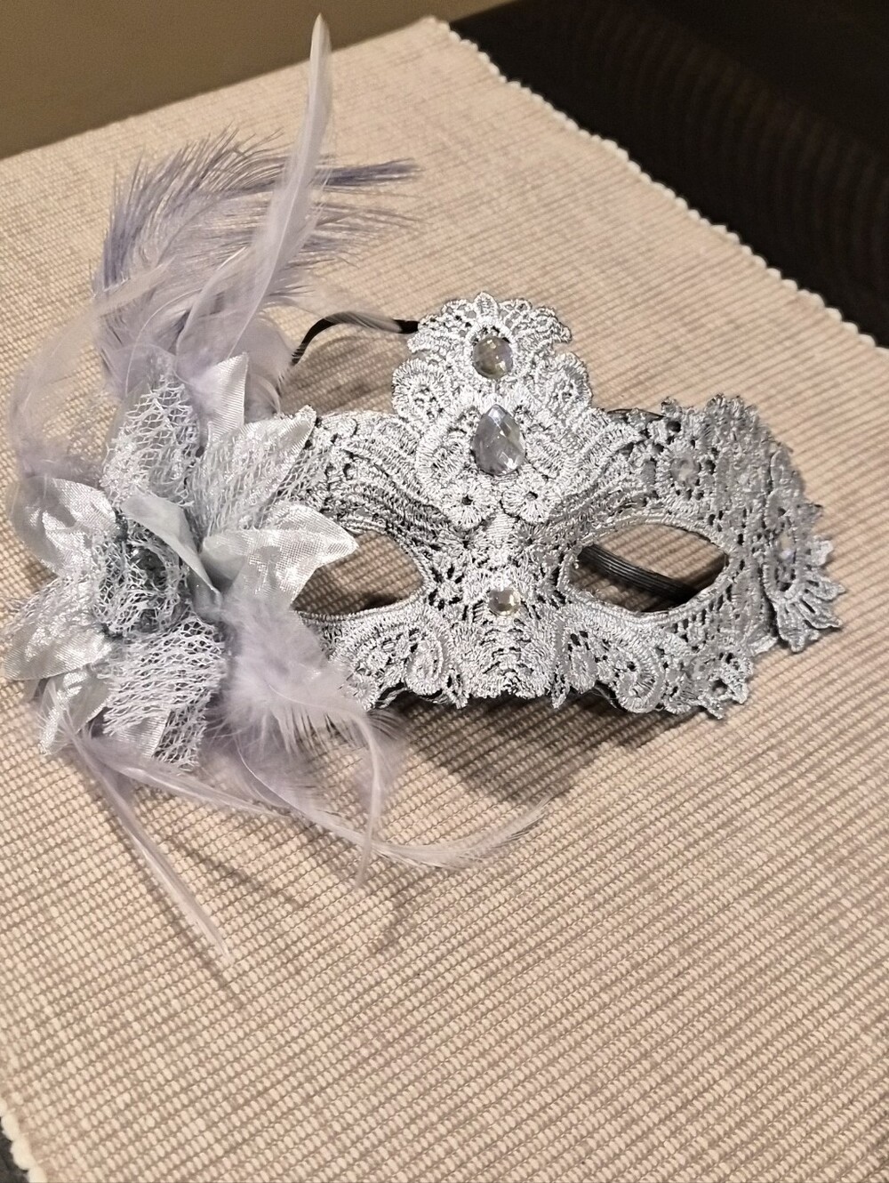 Silver Lace Masquerade Mask with Feathers